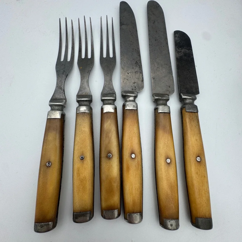 Antique Civil War Era 3 Tine Forks and Knives Bone Handle Flatware Set 6pc